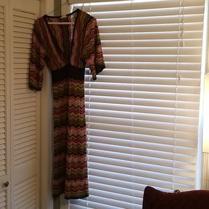 Large. Pink, brown and green bodycon dress.